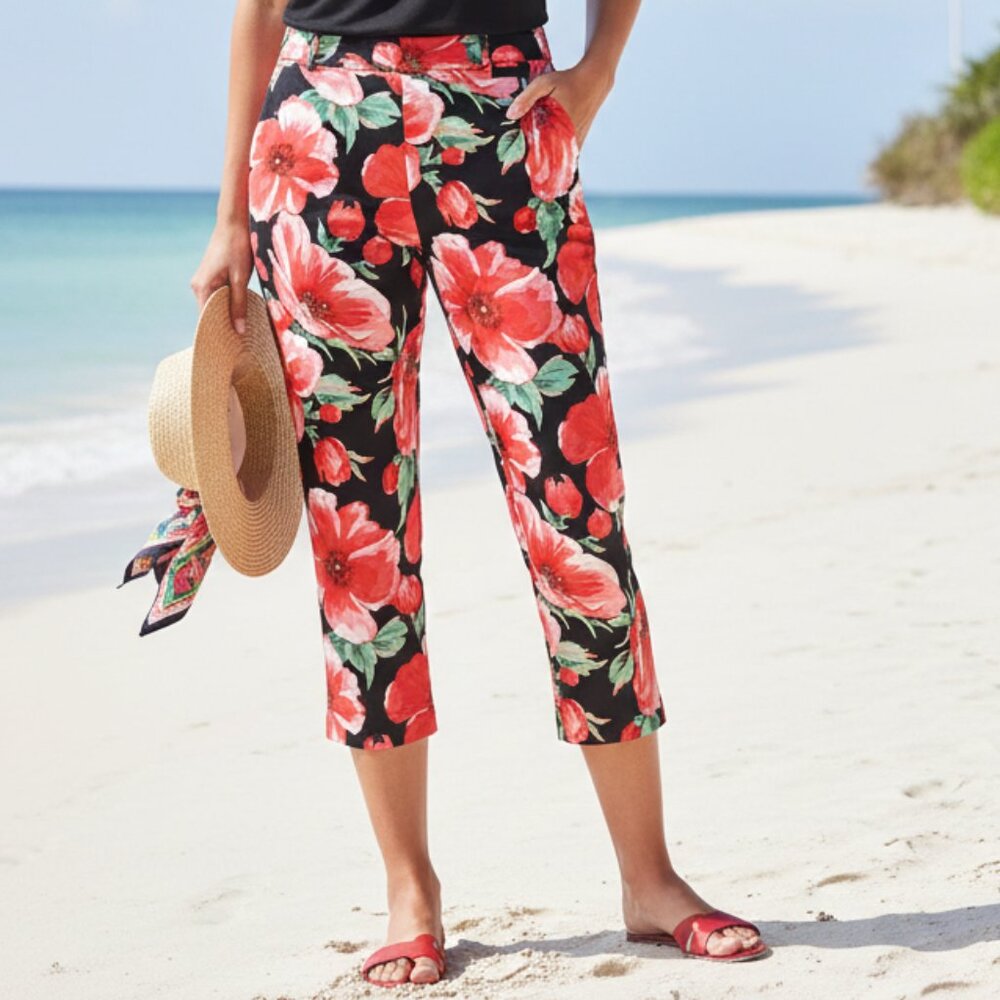 Bill Blass High-Rise Floral Capri Jeans Size 12 STRETCH Tropical Black Red
